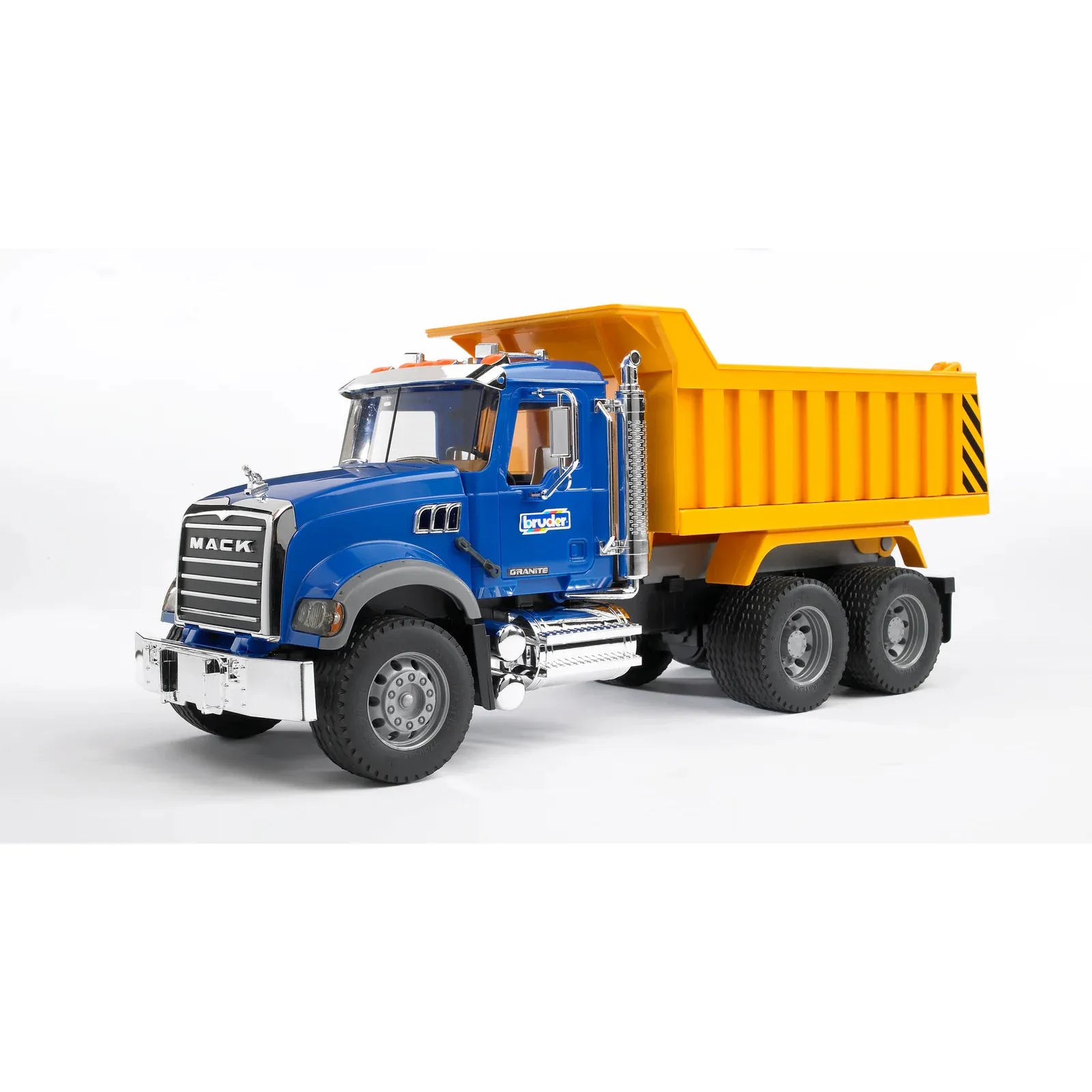 Model of a blue and yellow dump truck on a white background