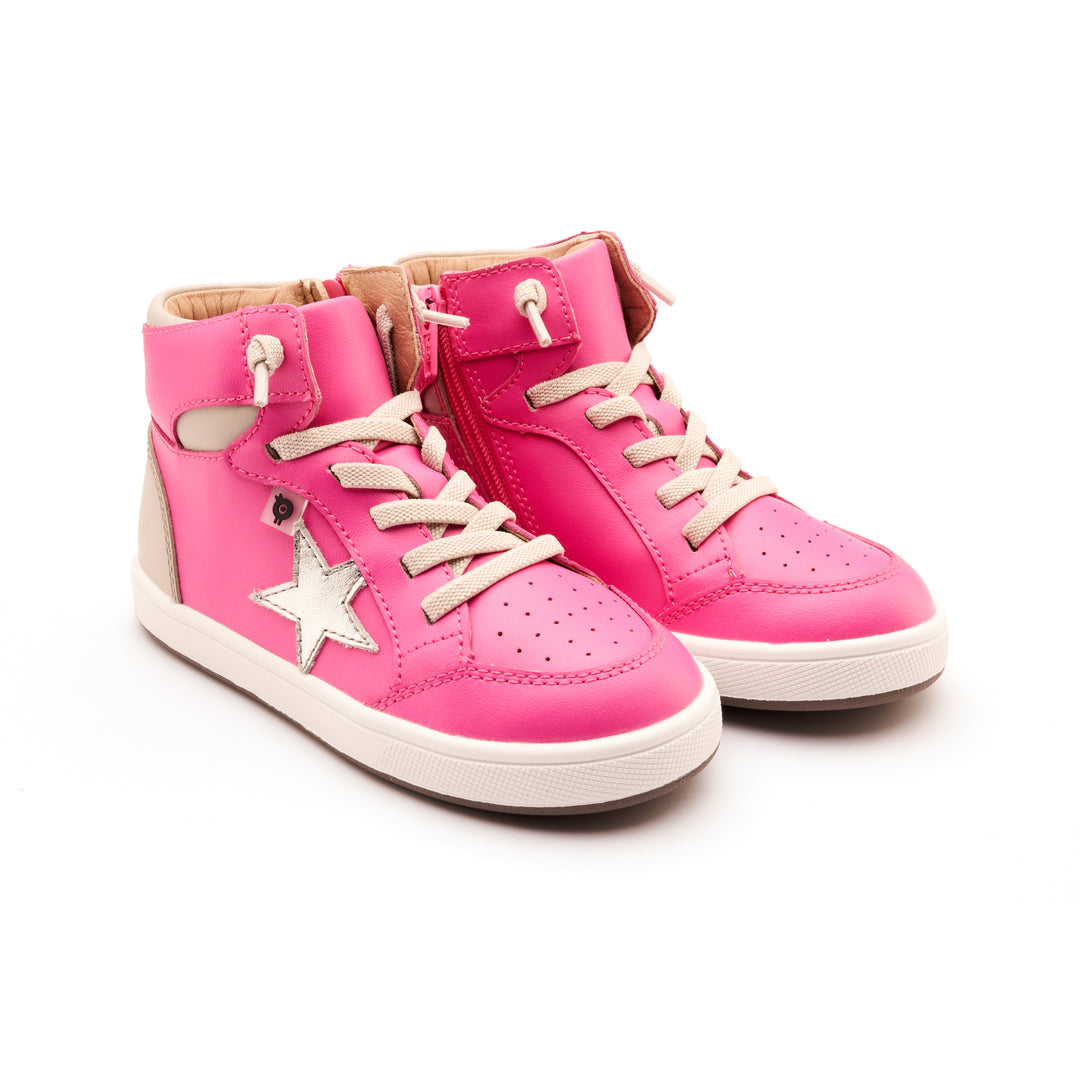A pair of pink high-top sneakers with white stars and beige accents designed for little kids/Big Kids.