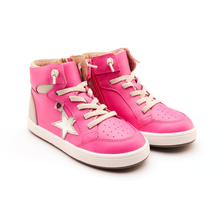 A pair of pink high-top sneakers with white stars and beige accents designed for little kids/Big Kids.