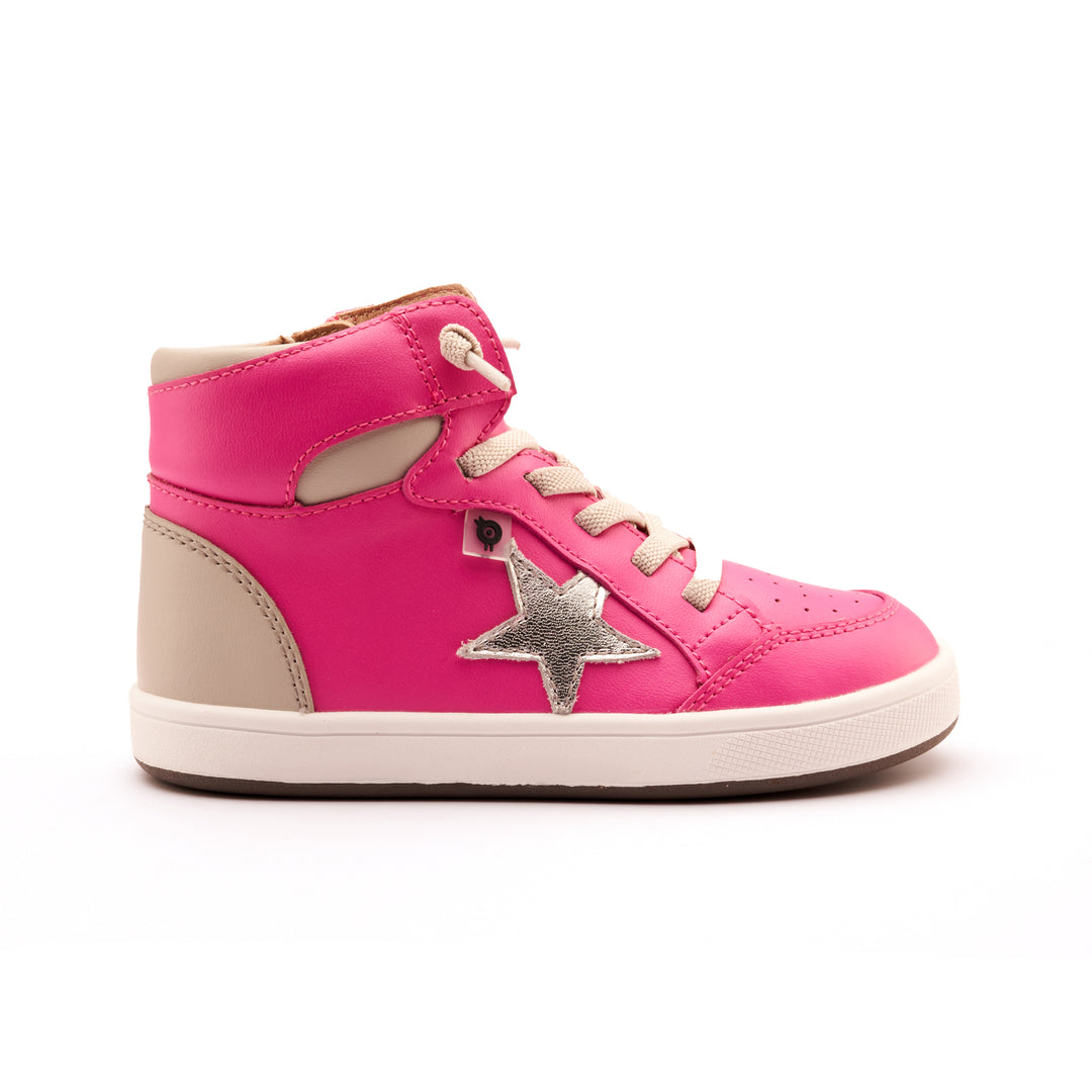 A pair of pink high-top sneakers with white stars and beige accents designed for little kids/Big Kids.