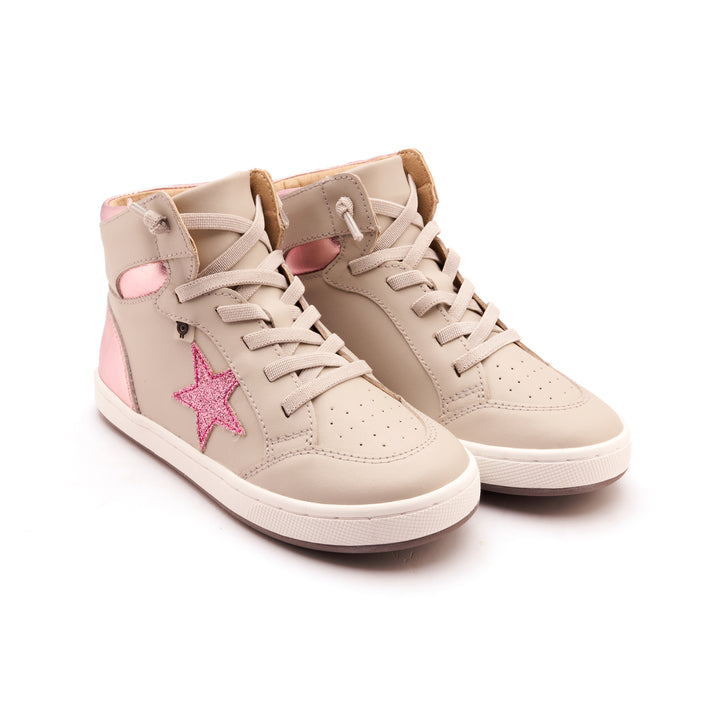 Beige high-top sneakers with pink stars on a white background