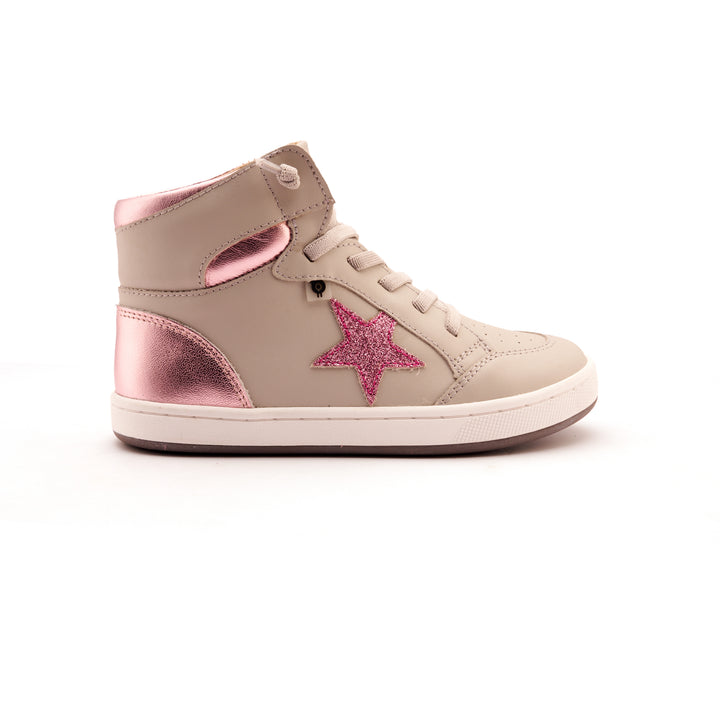 Beige high-top sneaker with pink star design on a white background