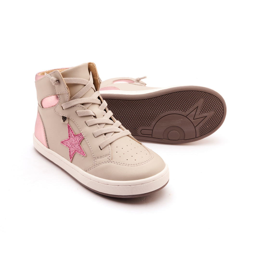 Beige high-top sneakers with pink star details on a white background