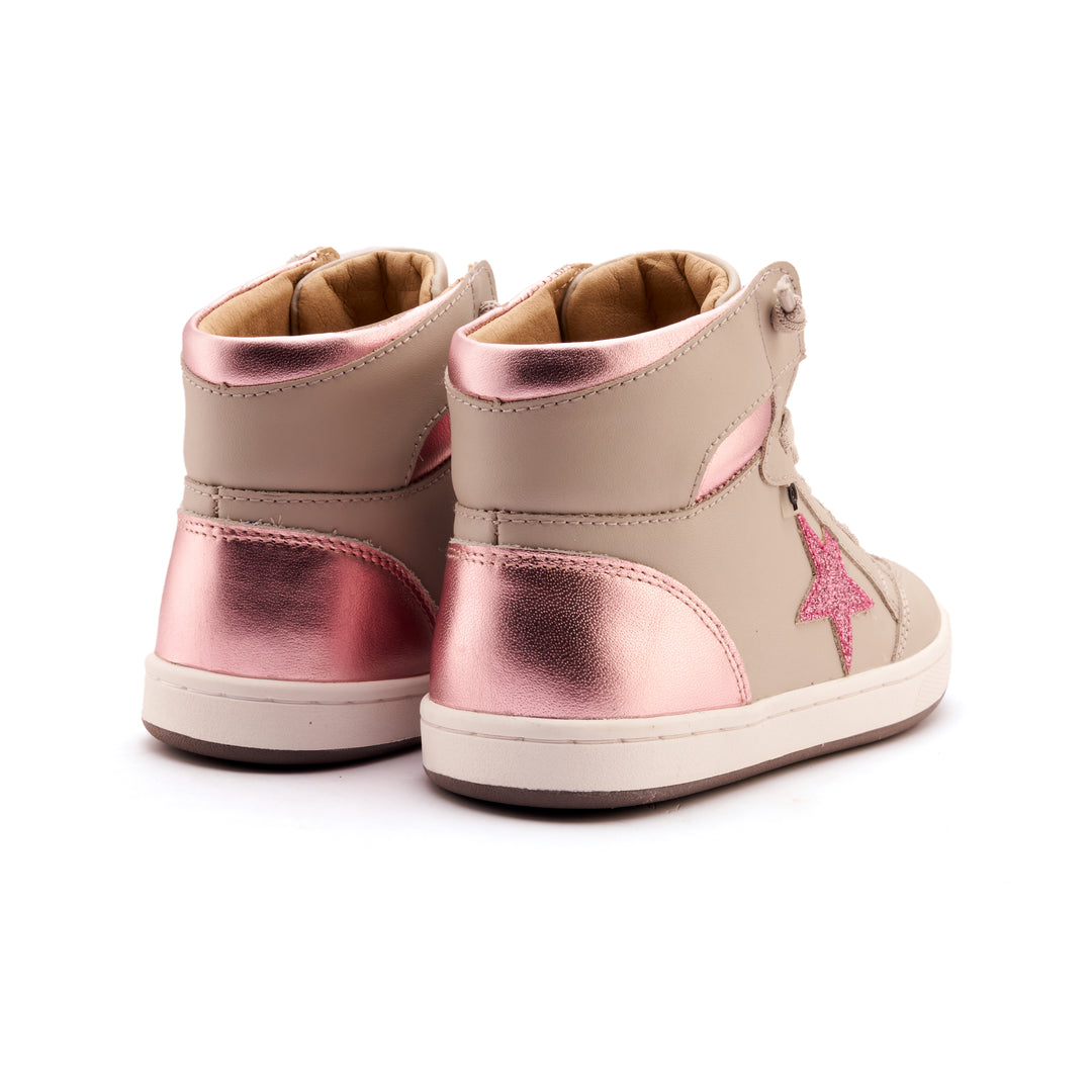 Beige and rose gold high-top sneakers with a pink star on a white background