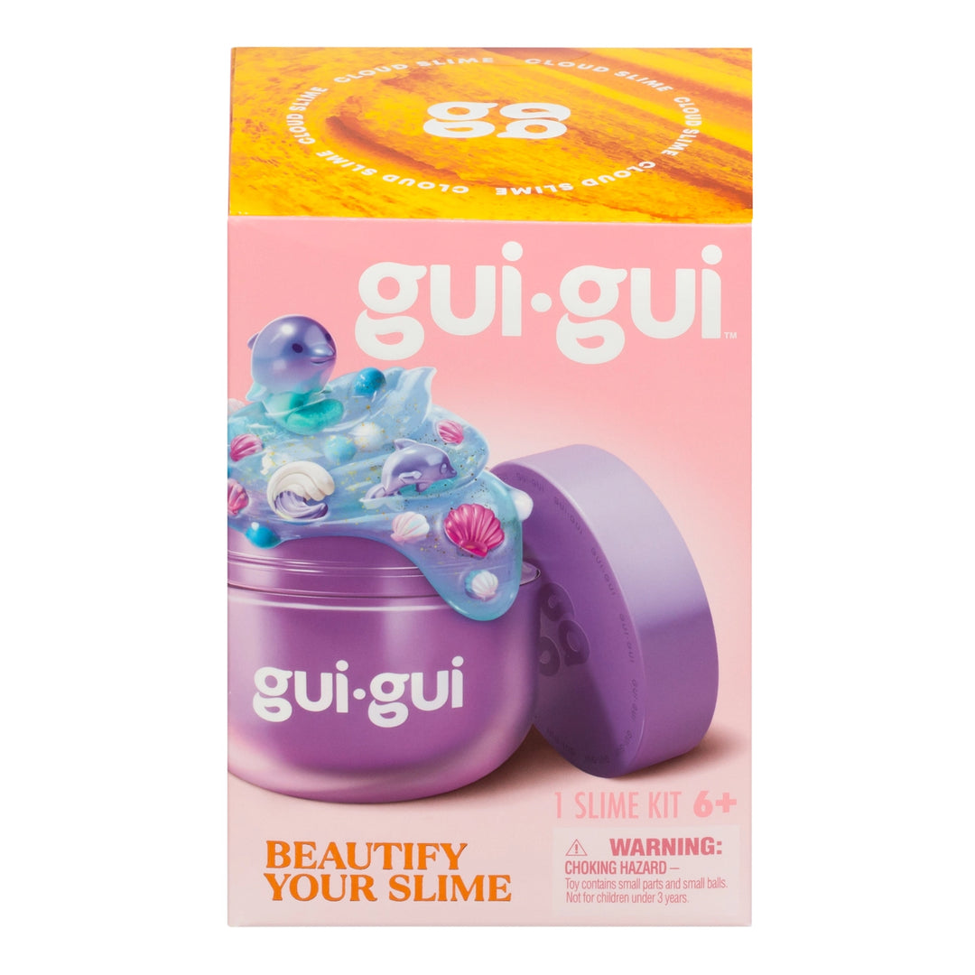 gui-gui slime kit packaging with purple container and colorful slime on a pink background