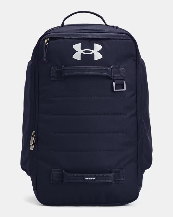 Black backpack with Under Armour logo on a light gray background