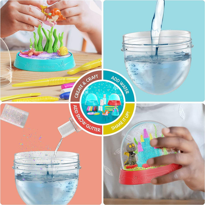 Collage of a hands-on science experiment with water, glitter, and a small robot figure.