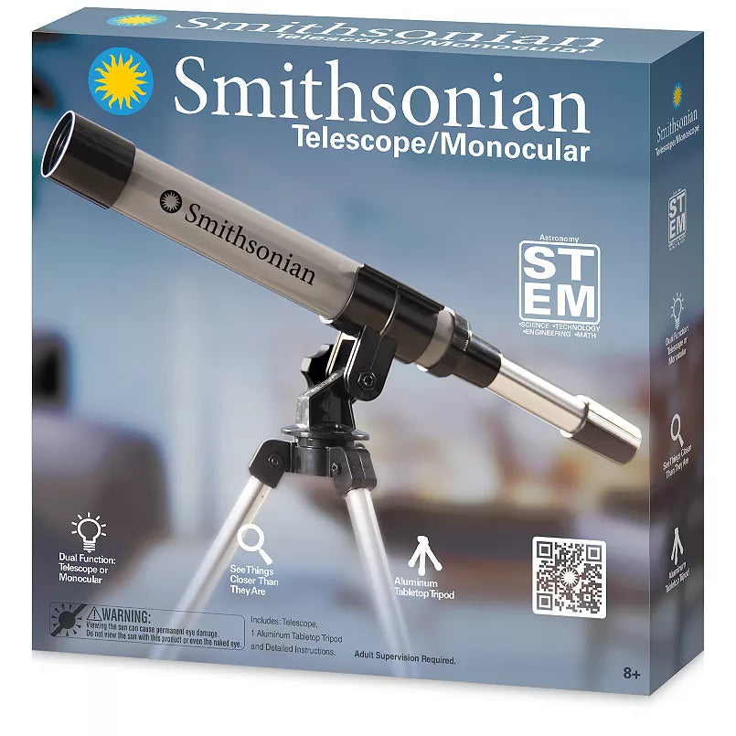 Smithsonian Telescope/Monocular retail box showing a silver and black telescope mounted on a tripod against a blue box design with Smithsonian branding.