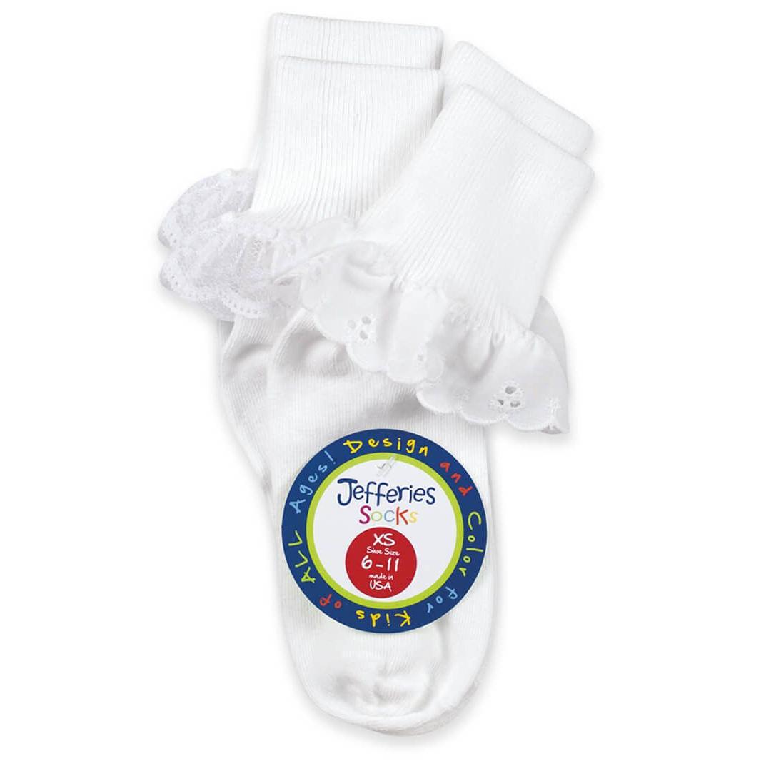 Jefferies Socks Sisters Eyelet and Fancy Lace Turn Cuff Socks 2 Pair Pack