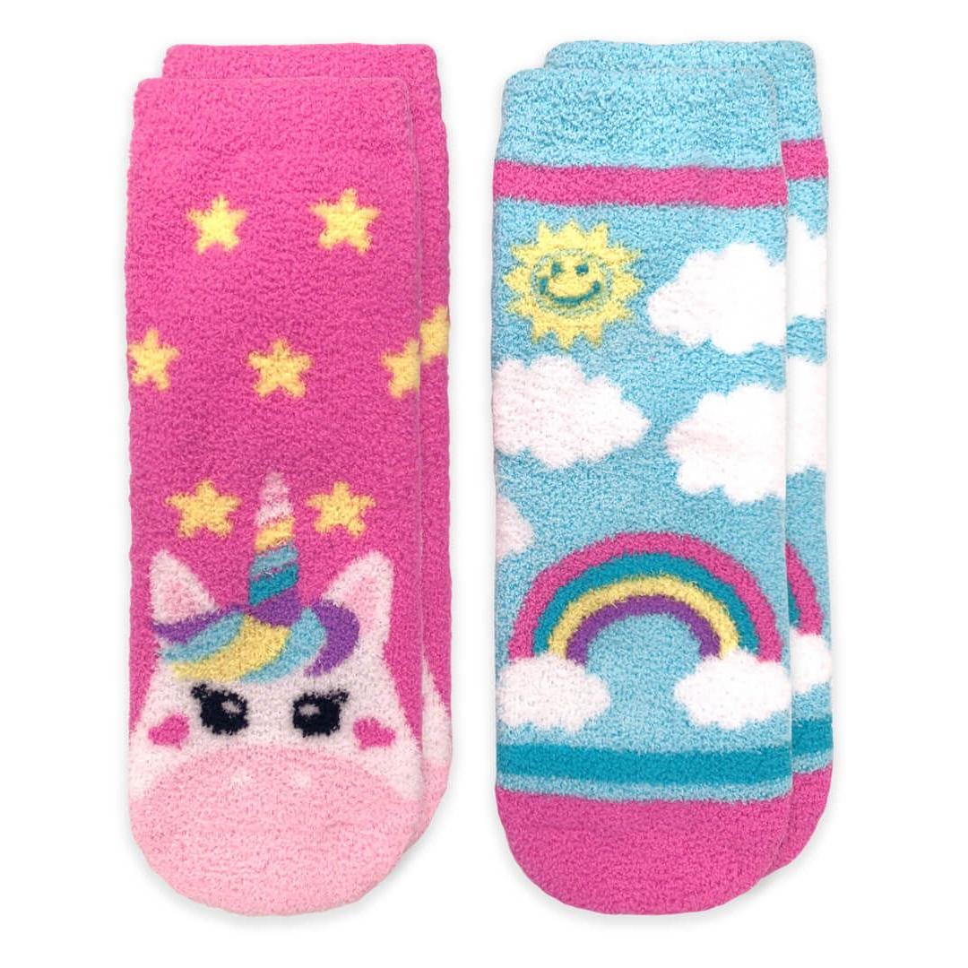 Jefferies Socks Unicorn and Rainbow Fuzzy Non-Skid Slipper Socks 2 Pair Pack