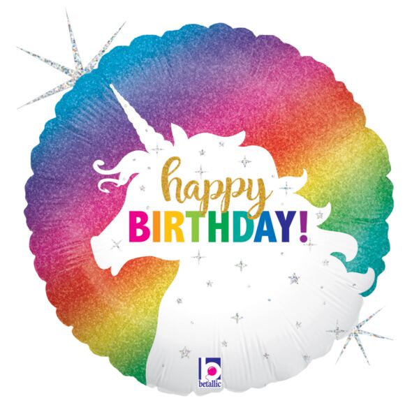 18" Glitter Unicorn Bday Holographic Mylar Balloon