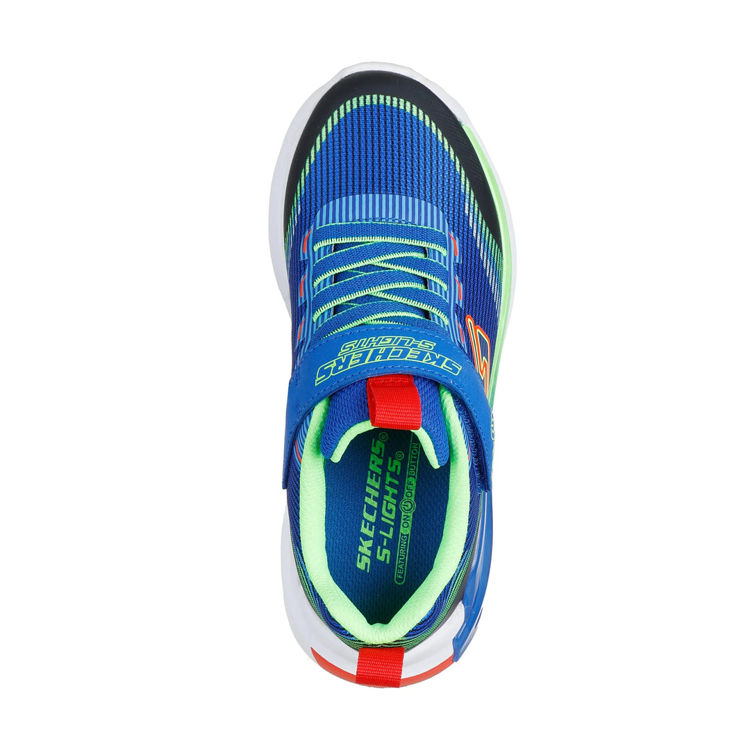 Blue and green sneaker with red accents on a white background