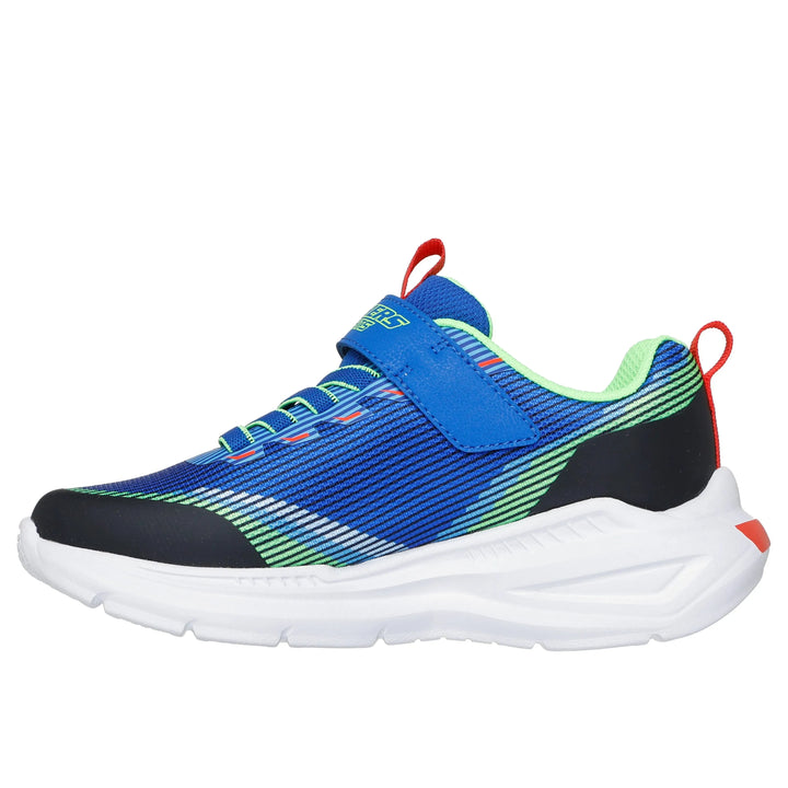 Blue and green running shoe with white sole on a white background