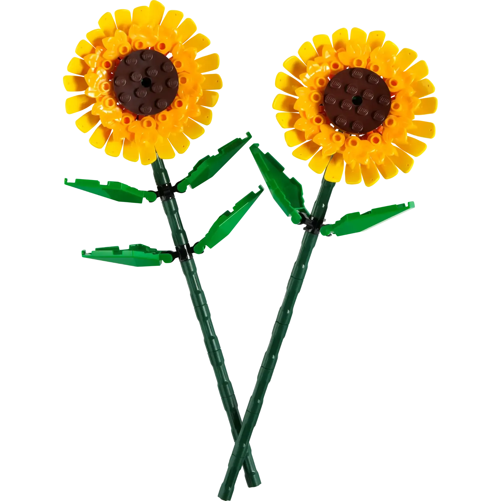 Two sunflower-shaped objects made from interlocking bricks on a white background