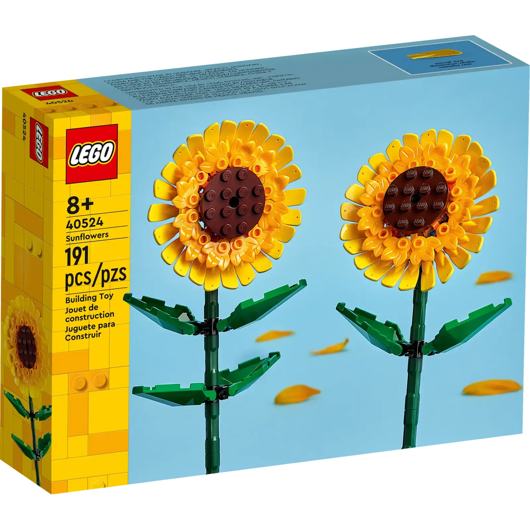 LEGO Sunflowers set packaging with two sunflower models on a blue background