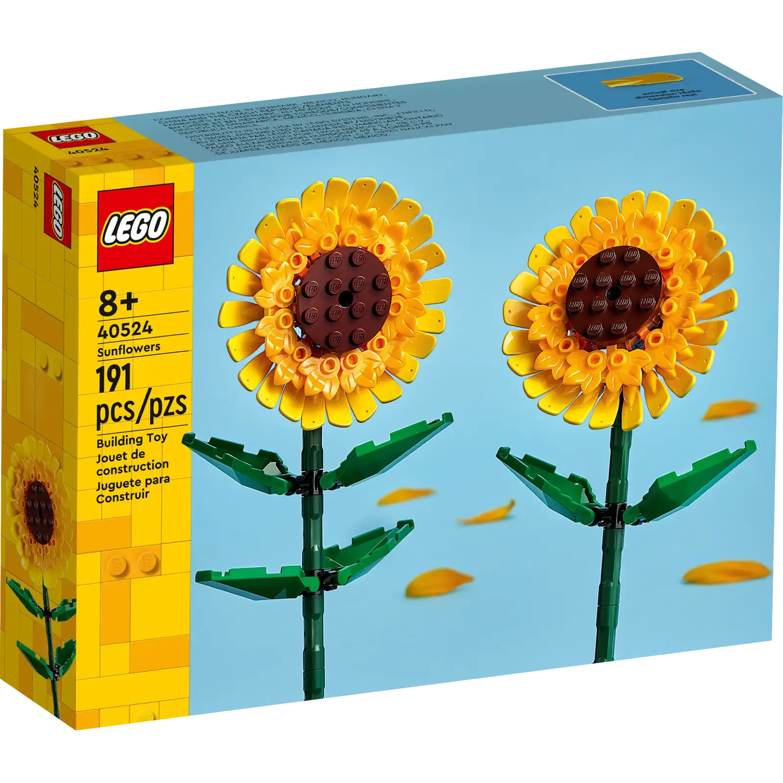 LEGO Sunflowers set packaging with two sunflower models on a blue background
