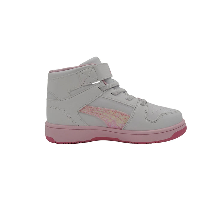 White and pink high-top sneaker on a gray background