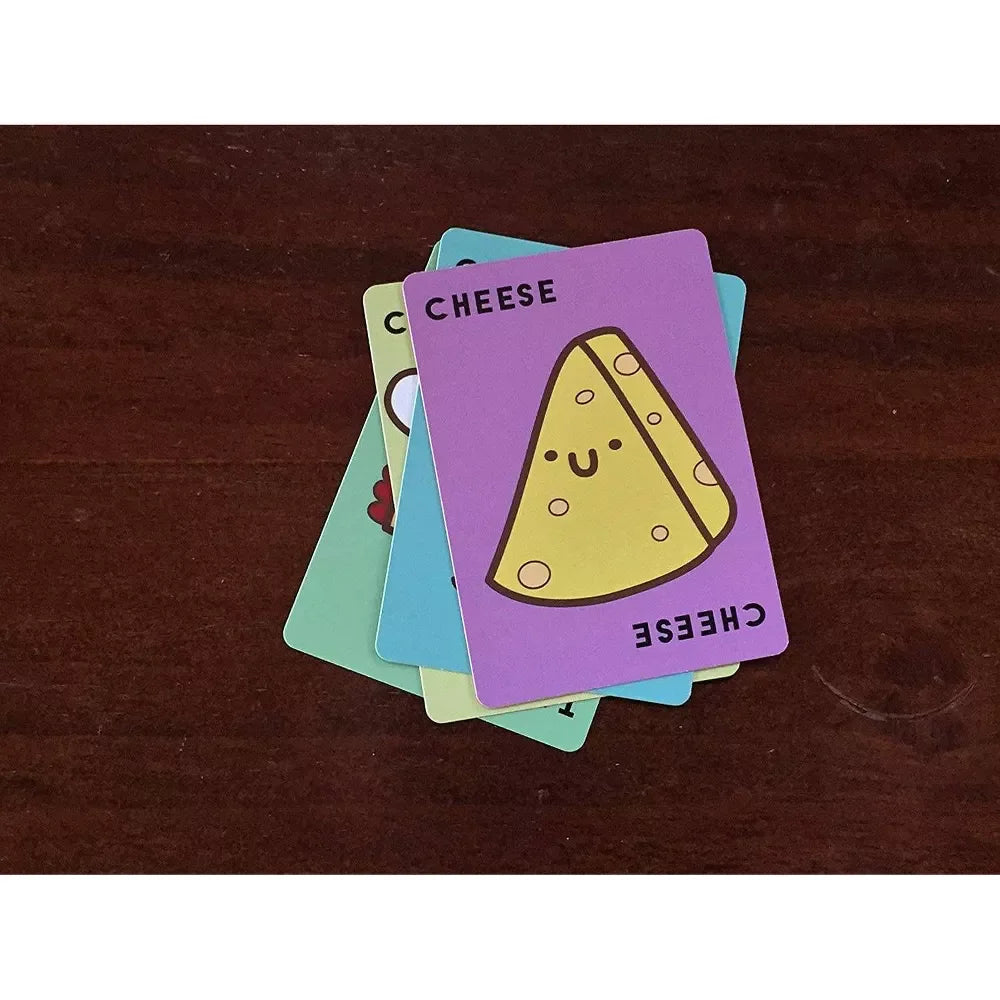 Colorful card with a cheese illustration on a wooden surface