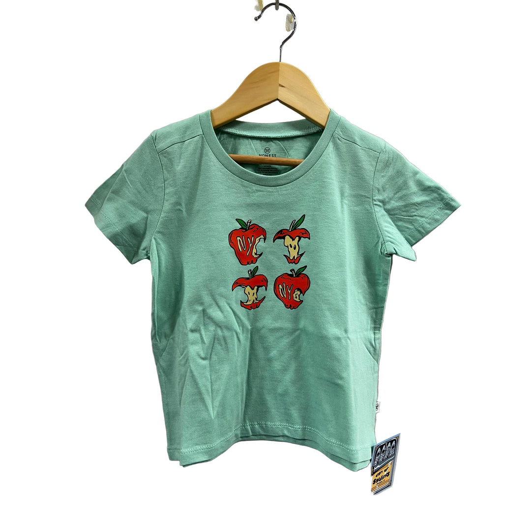 Green t-shirt with cartoon character design on a hanger against a gray background
