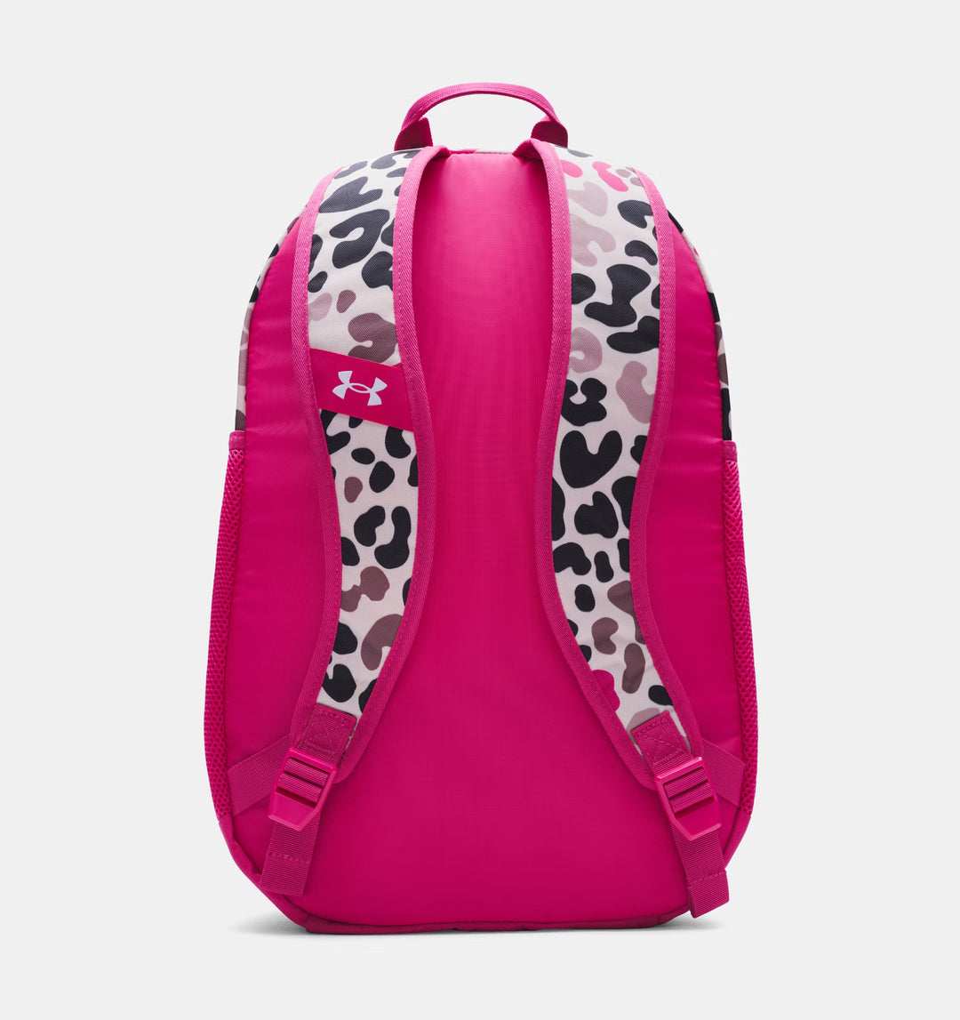 Pink backpack with leopard print straps on a white background