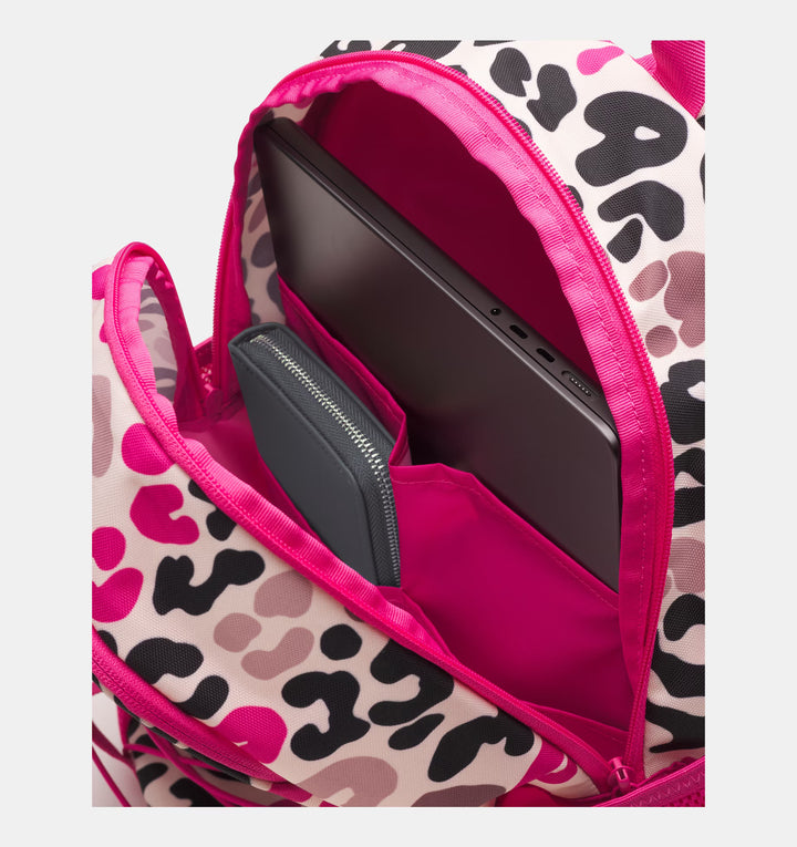 Backpack with pink interior pocket and leopard print pattern