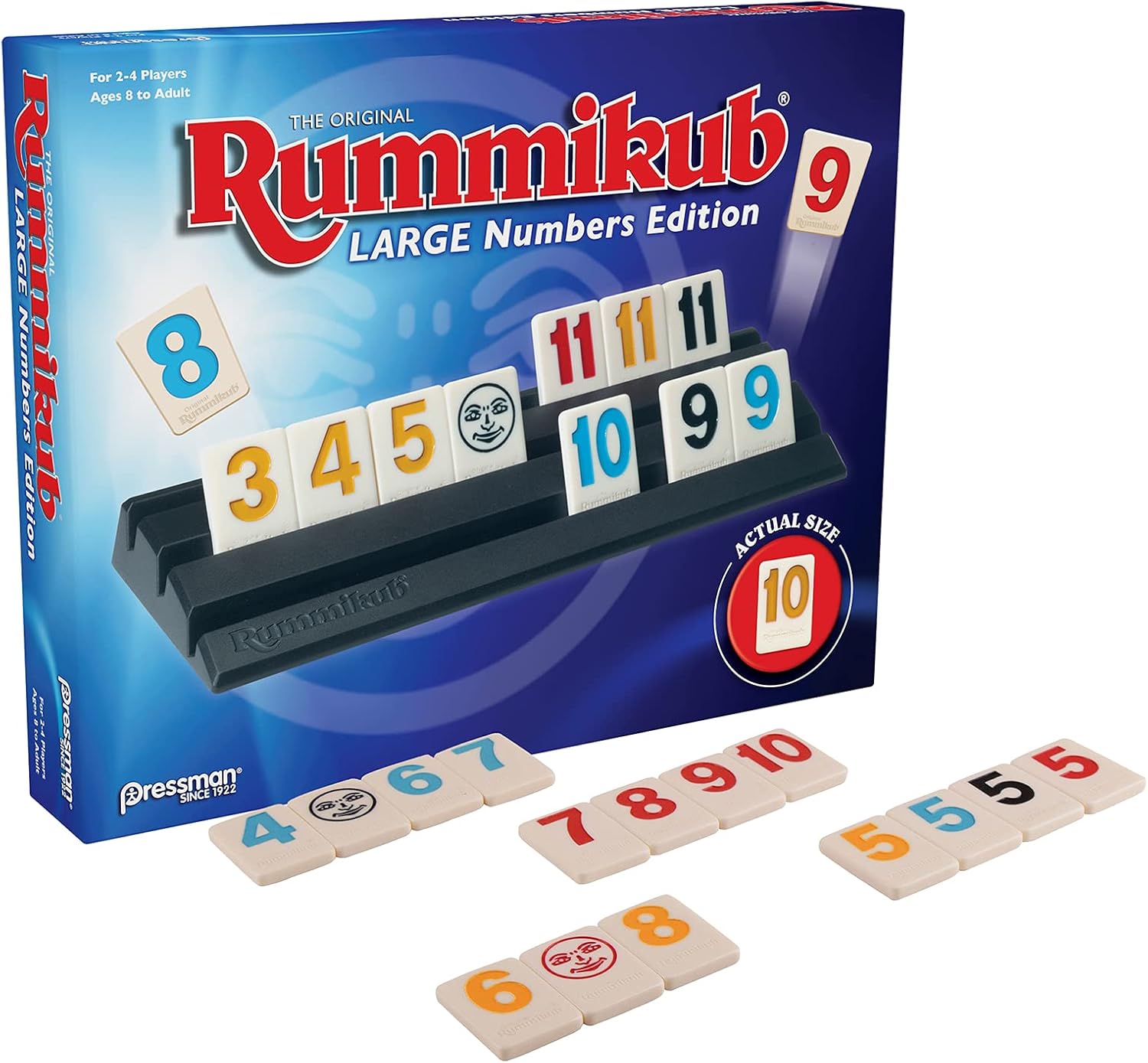Rummikub game box with large number tiles on a white background