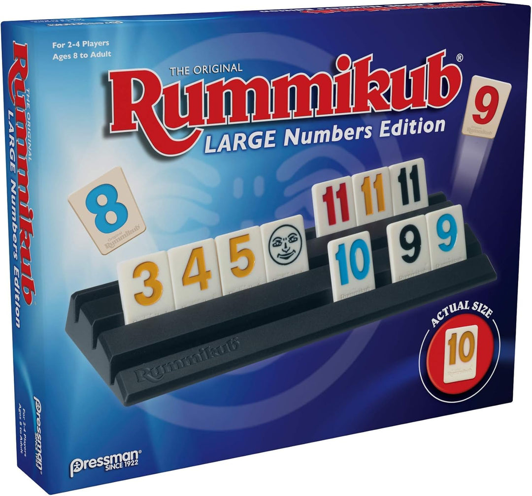 Rummikub game box with large numbers edition on a blue background