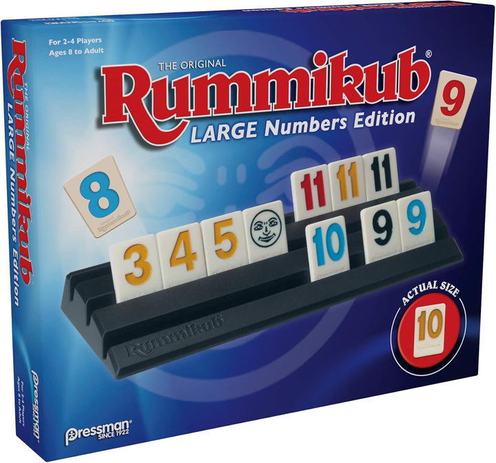 Rummikub game box with large numbers edition on a blue background