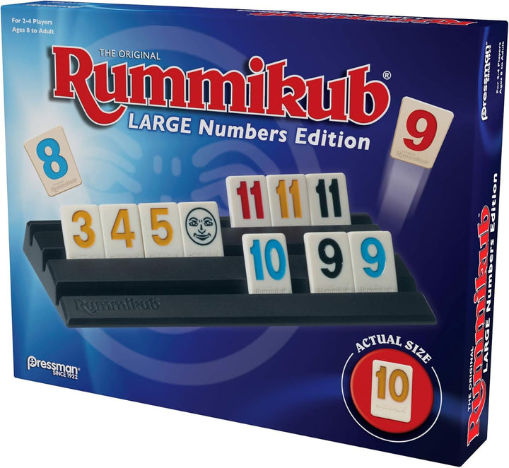 Rummikub game box with large numbers edition on a blue background