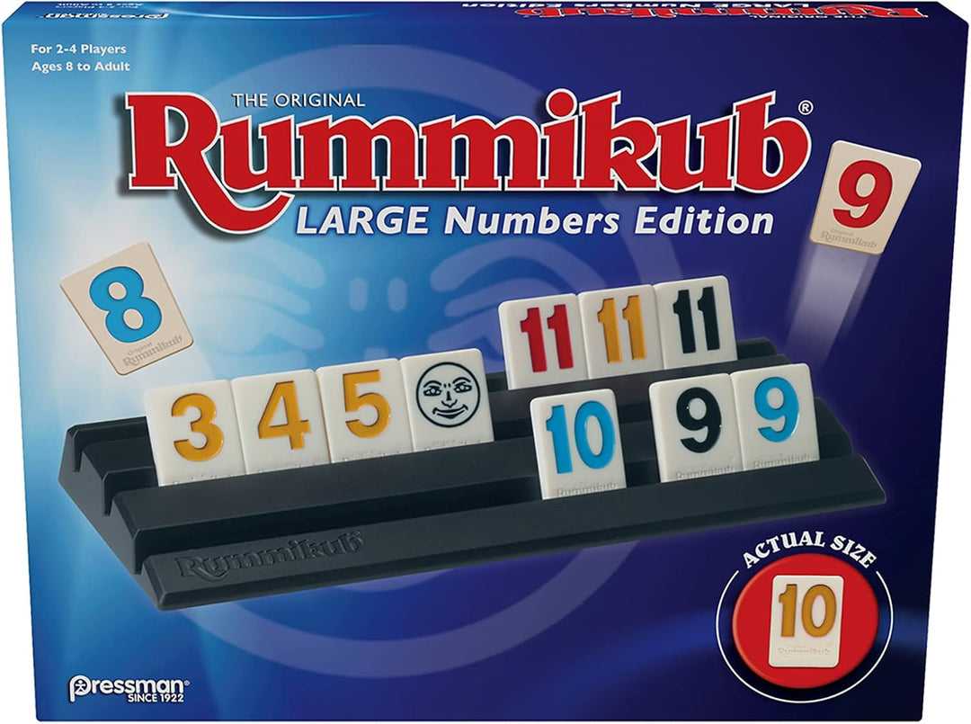 Rummikub game box with large numbers edition on a blue background