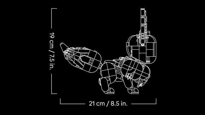Technical drawing of a robot with measurements on a black background