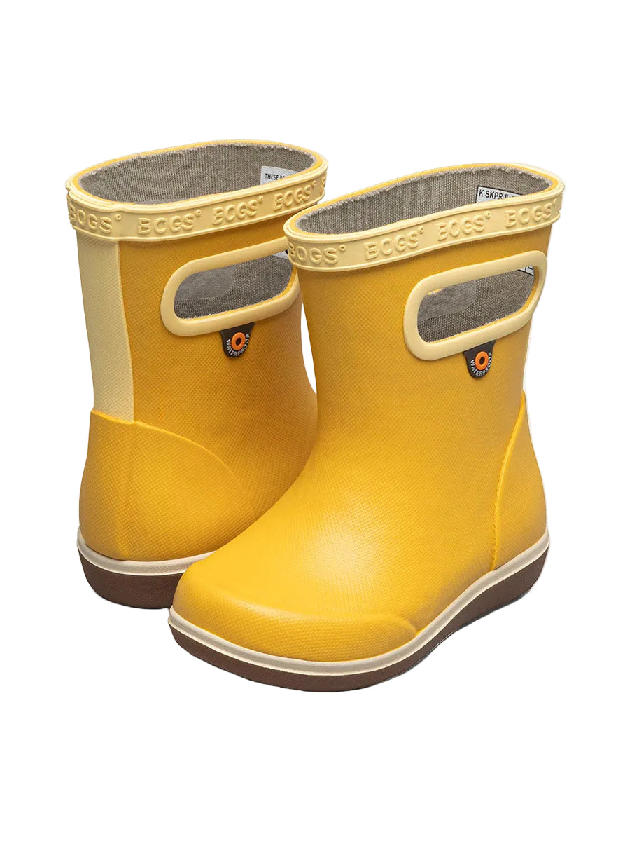 Pair of yellow rain boots with gray soles on a white background