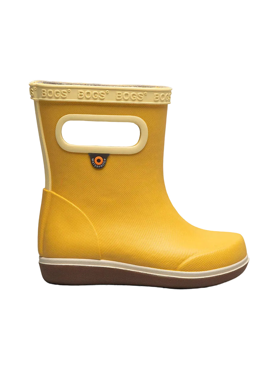 Yellow rain boot with brown sole on a white background