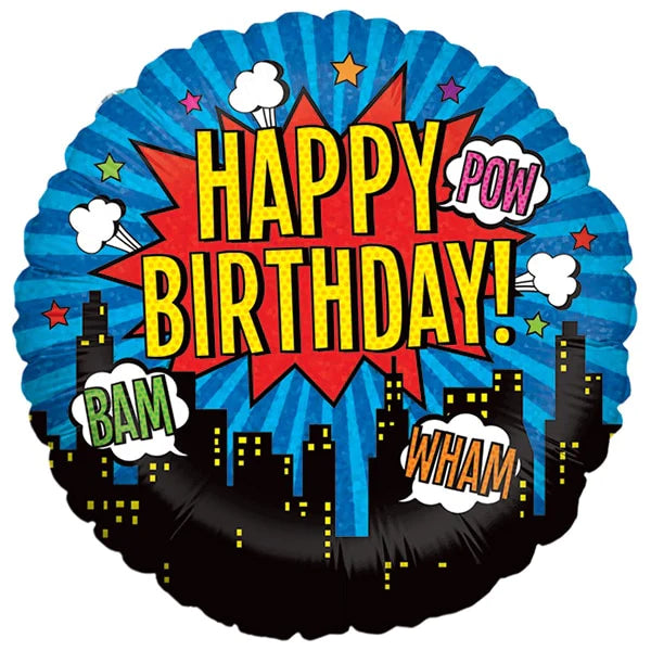 18" Superhero Birthday Holographic Mylar Balloon