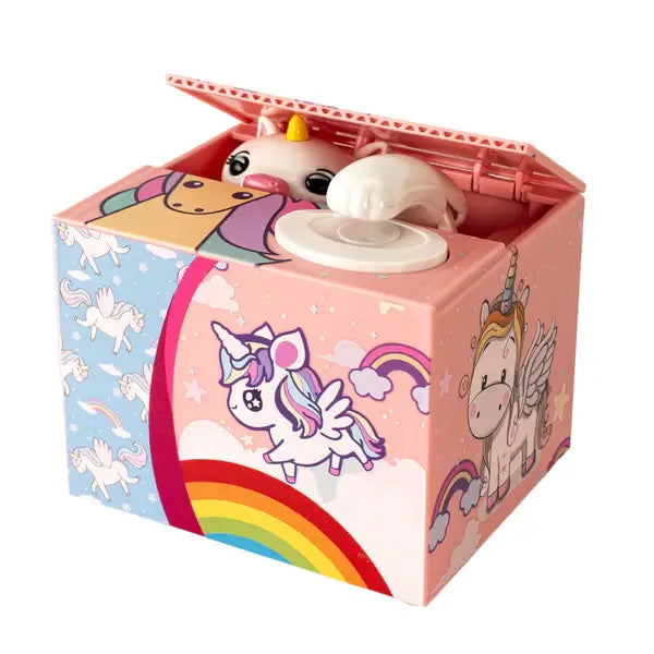 Unicorn Hiding in Box Coin Bank