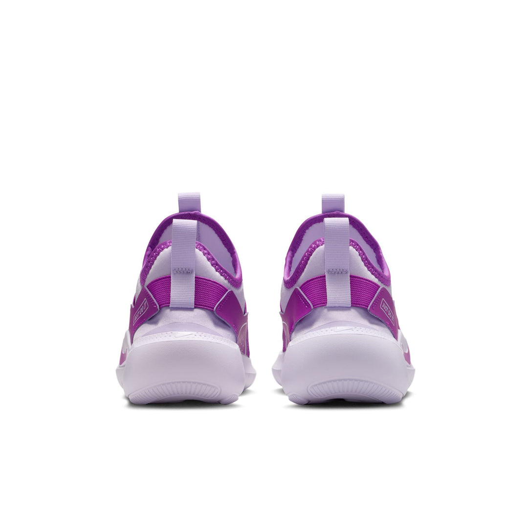 Purple and white athletic shoes on a white background