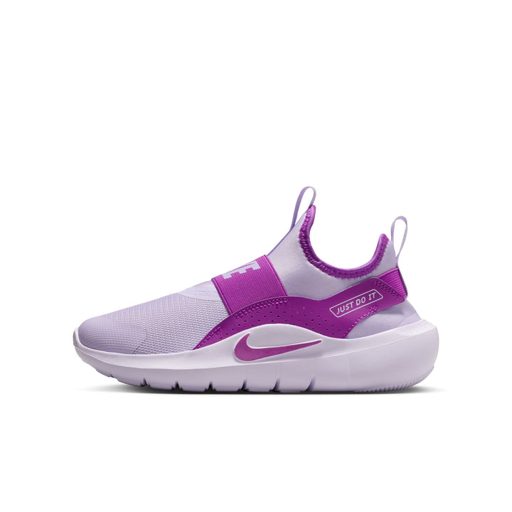 Purple and white sneaker with Nike logo on a white background