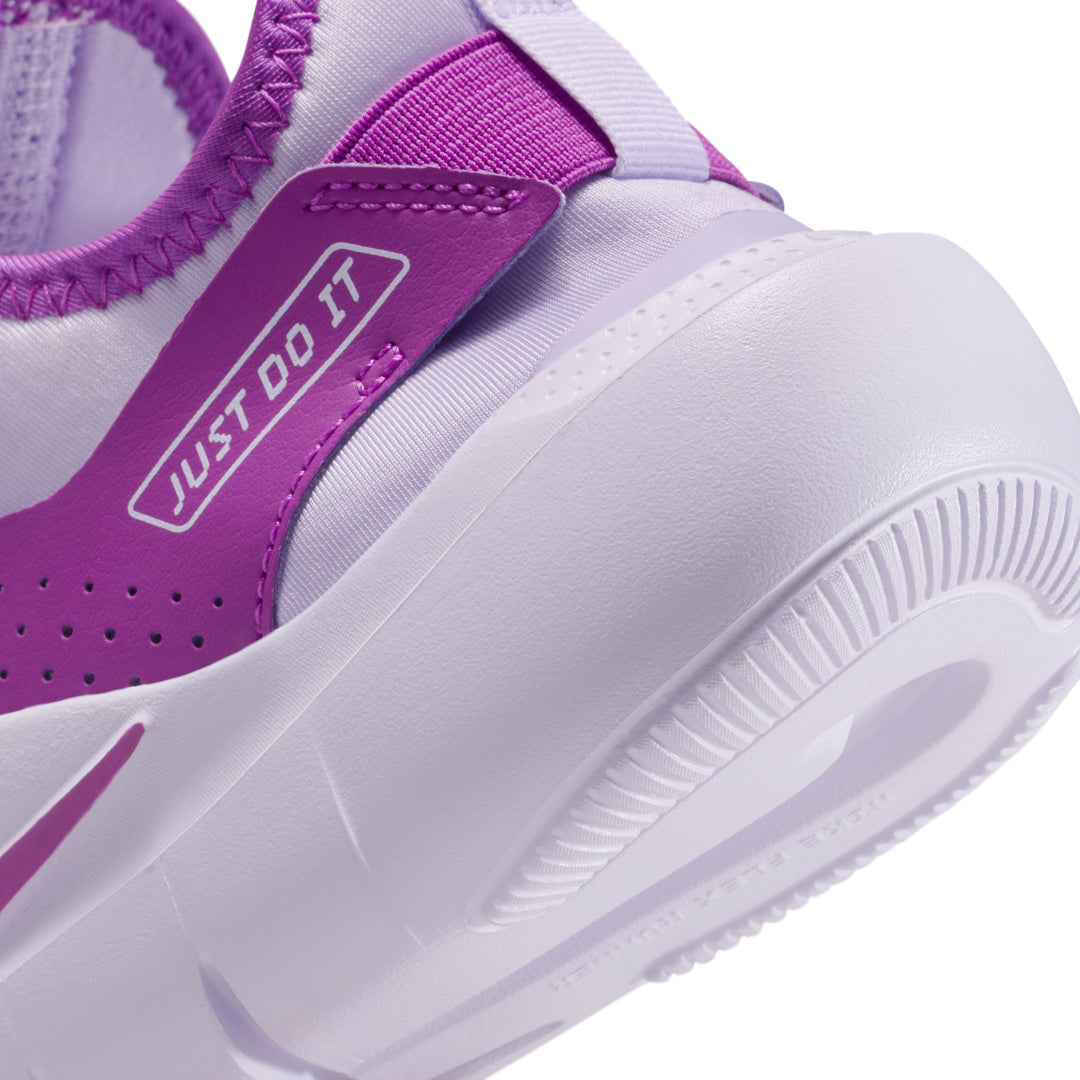 White and purple sneaker with 'Just Do It' text on a white background