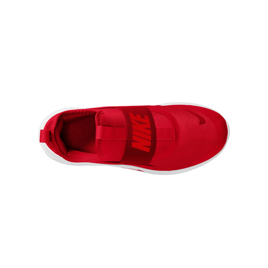 Red slip-on shoe with a white sole on a white background