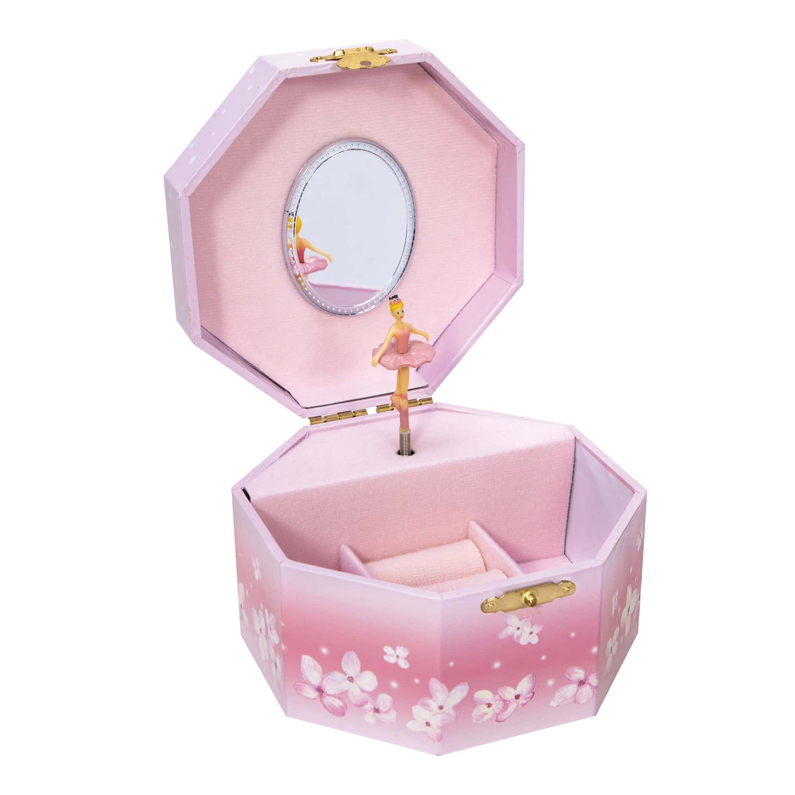 A pink musical jewelry box with a ballerina in a tutu twirling inside, opened to show the interior compartments.