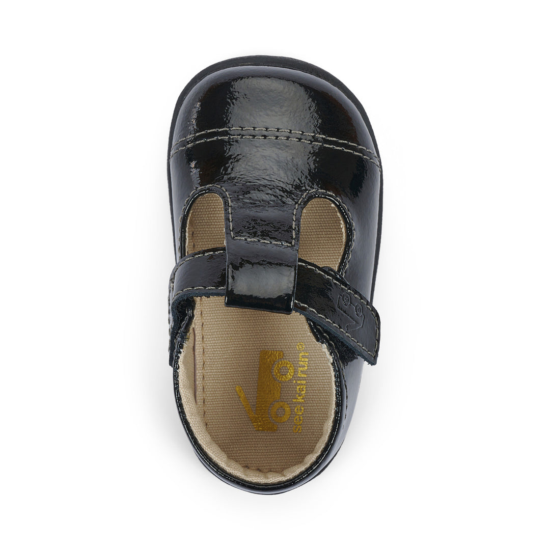 See Kai Run Bianca Mini First Walker Mary Jane Baby Dress Shoe (Black Patent & Gold)