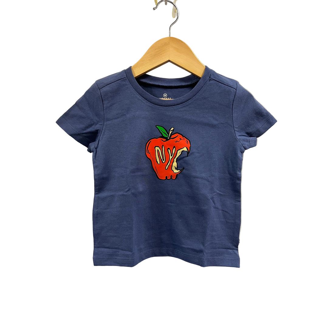Blue t-shirt with a red apple graphic on a hanger against a white background
