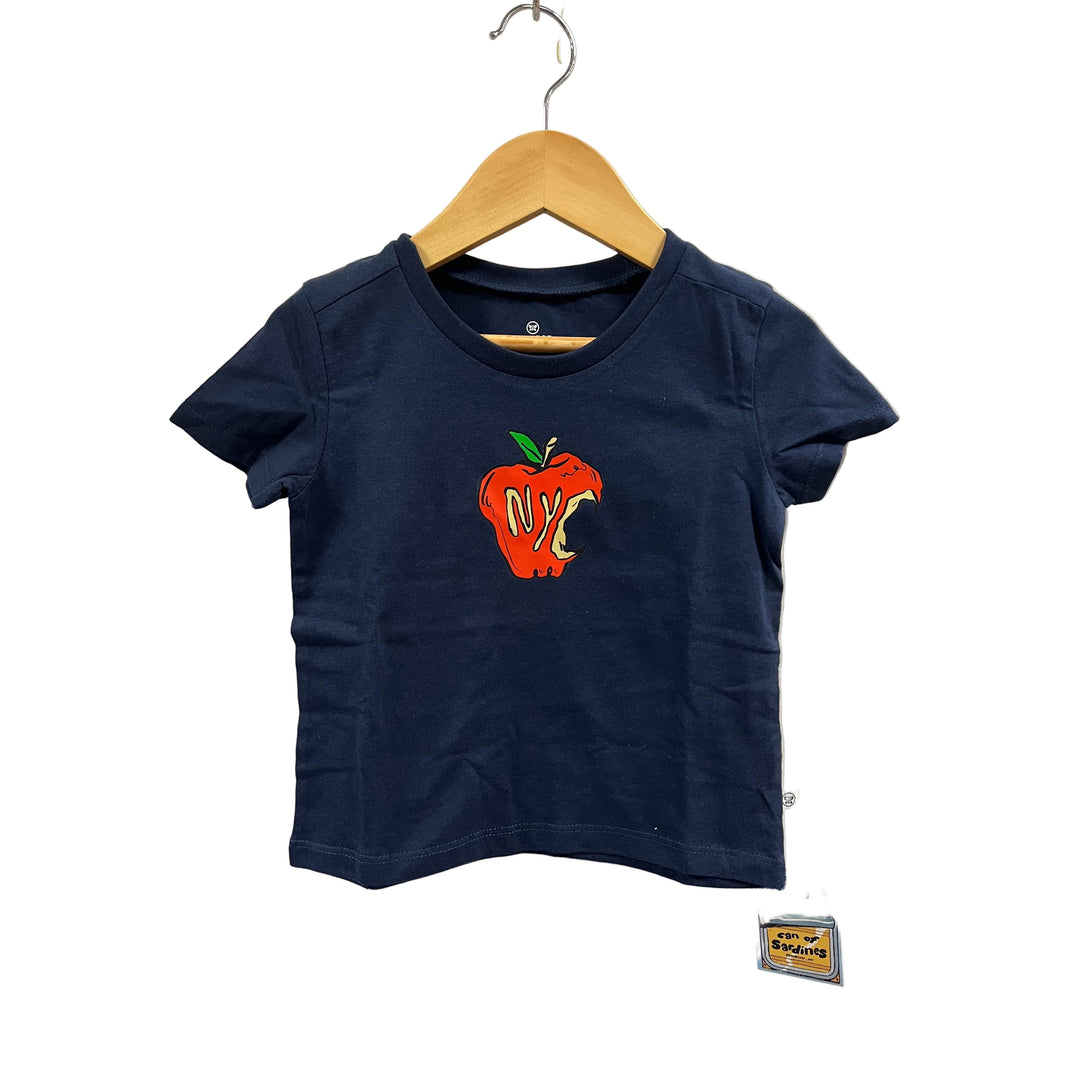 Navy blue t-shirt with a red apple graphic on a hanger against a white background