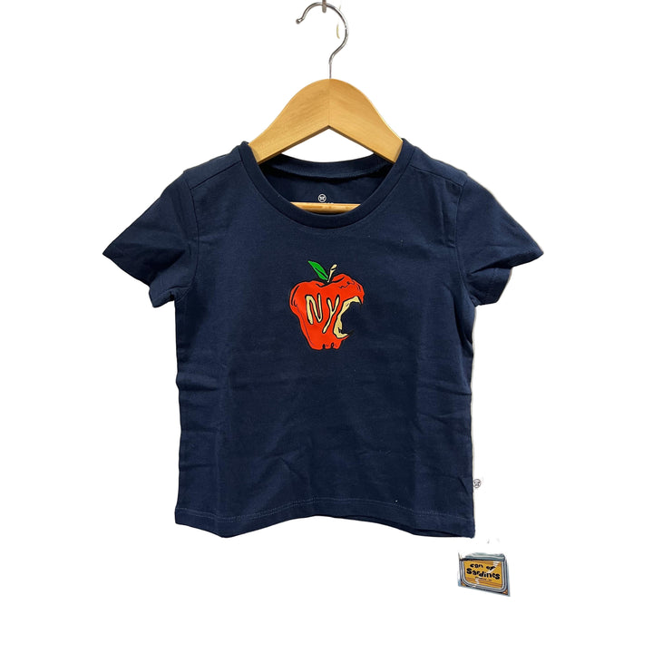 Navy blue t-shirt with a red apple graphic on a hanger against a white background