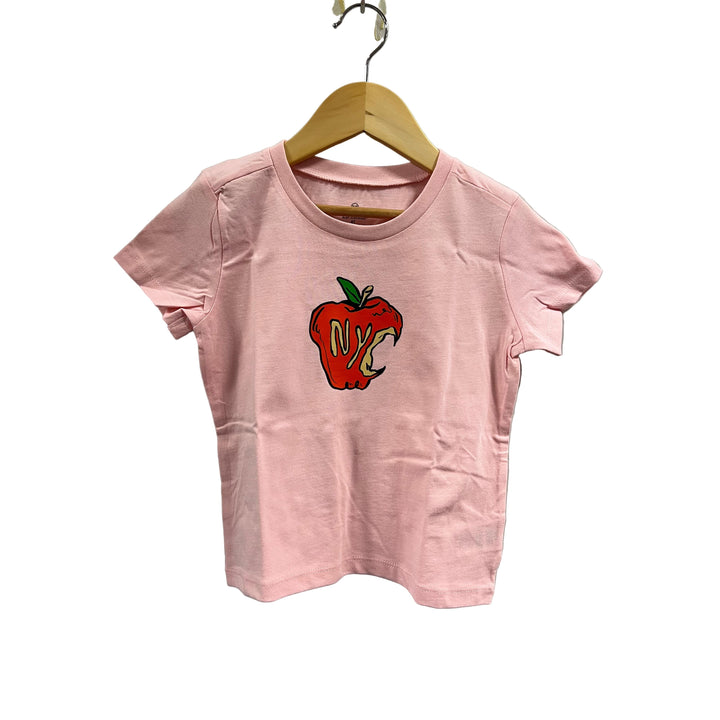 Pink t-shirt with a graphic design on a hanger against a gray background