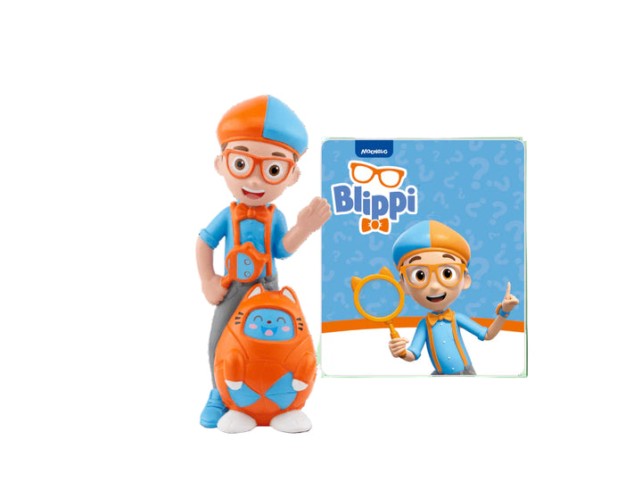 Toy figure of a character from the 'Blippi' series with a matching card on a white background