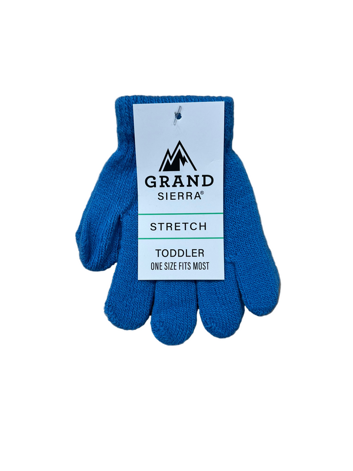 Blue toddler gloves with a Grand Sierra tag on a wooden surface