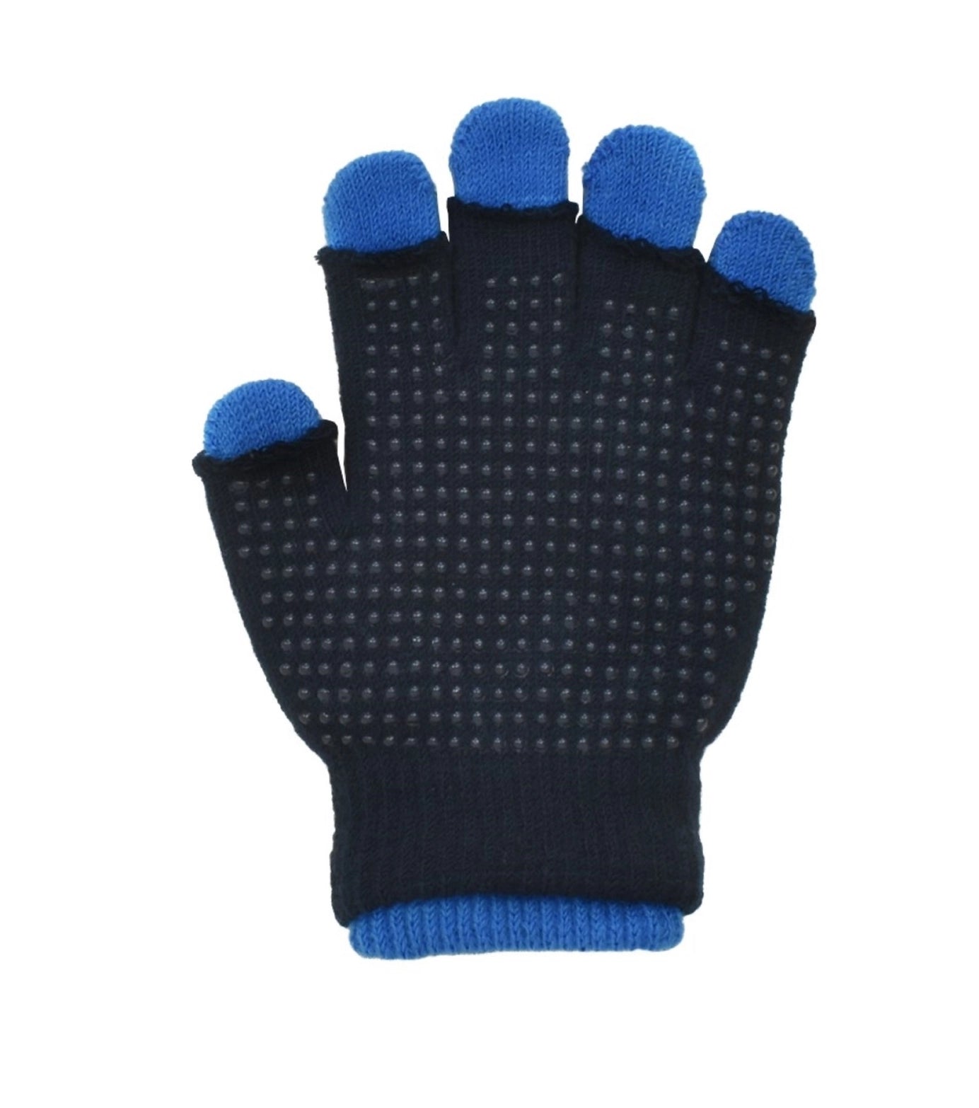 Black fingerless glove with blue tips on a white background