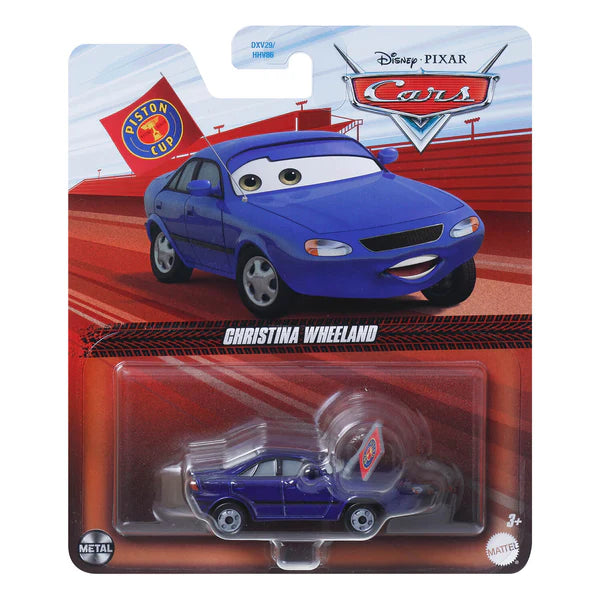 Blue toy car in packaging with a race track background