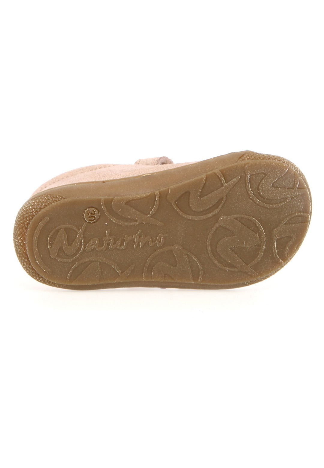 Tan shoe sole with brand logo on a white background